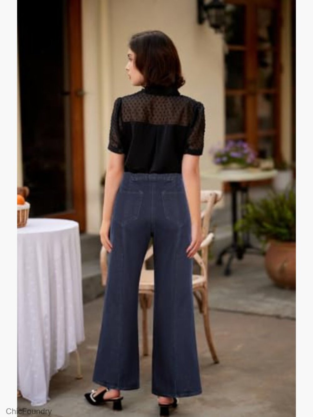 High Waisted Wide Leg Jeans with Pockets Stretchy Denim Palazzo Pants - Picture 3 of 7